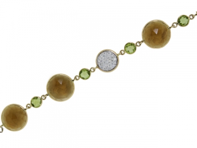 29.50ct Circle Shape Smokey & Peridot Gemstone Center Diamond Gold Bracelet