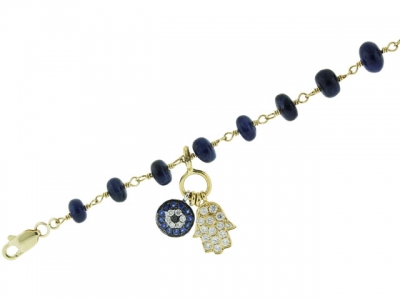 20.62ct Blue Sapphire Gemstone & Diamond Hamsa Hand Evil Eye Bracelet