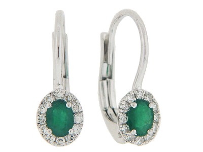 Oval Emerald & Diamond 18k White Gold Lever back Earrings