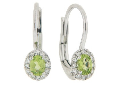 Oval Peridot Diamond 18k White Gold Leverback Earrings