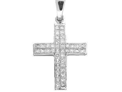 .75 ct 2 Row Princes Cut Diamond 18k White Gold Cross Pendant