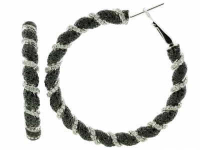 12.95ct Black & White Twisted Striped 18k White Gold Hoop Earring