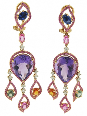 Celebrity Style Diamond & Gemstone 18k Gold Chandelier Earrings