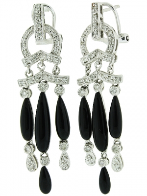 Solid 18k White Gold & Black Onyx Chandelier Pave Leverback Diamond Dangle Earring