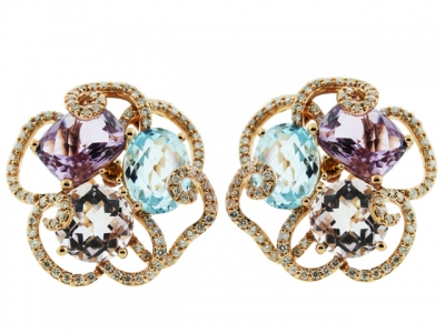 14.40ct Multi Gemstone & Diamond 18k Pink Gold Flower Shape Huggie Earring
