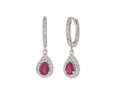 18k White Gold Diamond Hoop Pear Shape Ruby Dangle Earrings