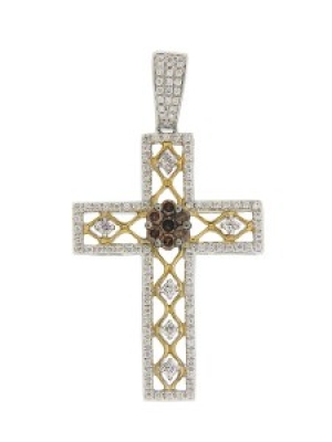 .67 ct White & Champagne Diamond 18k Two Tone Gold Cross Pendant