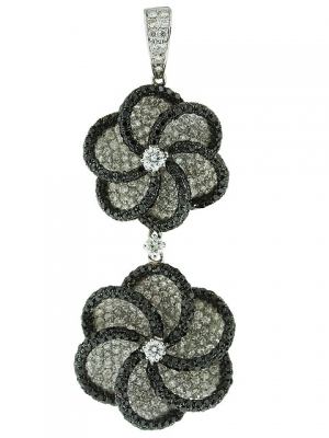 5.94ct White & Black Diamond Double Swirly Flower Shape Dangle Pendant