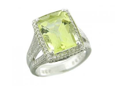 .96 ct Pave Diamond & Square Green Topaz 18k White Gold Ring