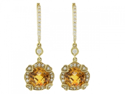 18k Yellow Gold Circle Citrine & Heart Shape Diamond Dangle Gemstone Earring