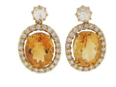 Oval Citrine Rose & Brilliant Cut Diamond 18k Gold Dangle Earrings