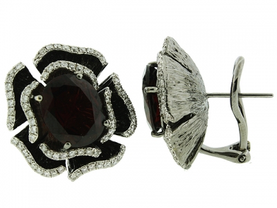 18k Black Gold Diamond & Garnet Gemstone Flower Shape Huggie Earring