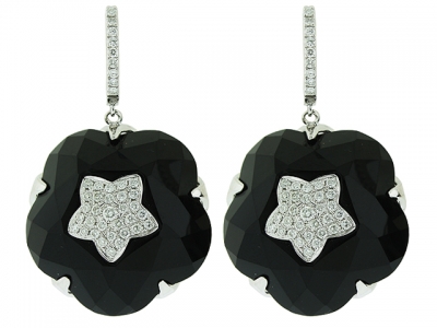 Slice Black Onyx Diamond Star Shape Center & 18k White Gold Dangle Earring