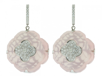 106.72ct Slice Pink Tourmaline 1.12ct Clover Shape Diamond Center & 18k White Gold Dangle Earring