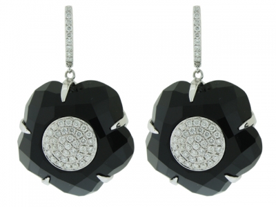 Slice Black Onyx Diamond Circle Shape Center & 18k White Gold Dangle Earring