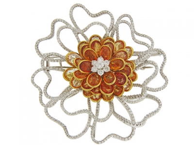 Celebrity Style Yellow Sapphire & Diamond 18k Gold Flower Pendant Brooch