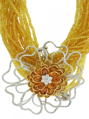 6.10ct Diamond & 925.90ct Citrine Gemstone Flower Shape Celebrity Beaded Necklace