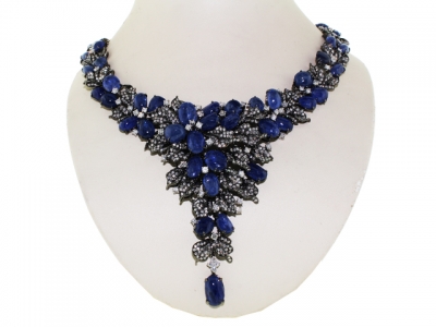 169.22ct Blue Sapphire & 18.50ct Diamond Flower Leaf Shape Celebrity Necklace