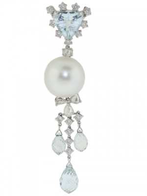 18k White Gold & Blue Topaz Pearl Diamond Dangle Pendant