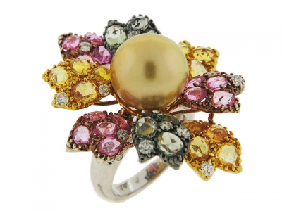 Celebrity Style South Sea Pearl Rose Cut Sapphire Cocktail Flower Ring