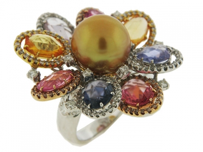 Celebrity Style South Sea Pearl Rose Cut Sapphire Cocktail Flower Ring