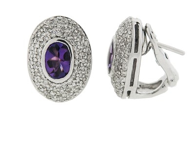 Oval Amethyst & Pave Diamond 18k Gold French Clip Earrings