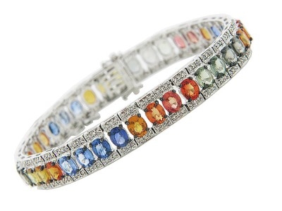 Diamond & Oval Multi Color Sapphire 18k Gold Tennis Bracelet