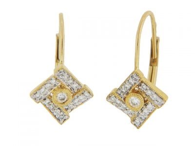 Diamond 18k Yellow Gold Milgrain Leverback Earrings