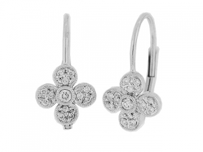 Diamond 18k Gold Milgrain Leverback Flower Earrings