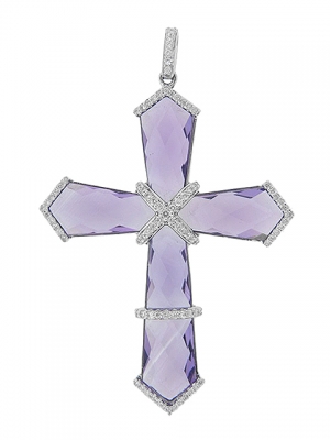 21.45 ct Diamond & Amethyst Cross 18k White Gold Pendant
