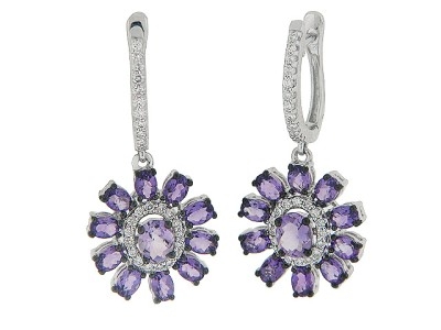 2.99ct Diamond 18k Gold Amethyst Dangle Flower Earrings