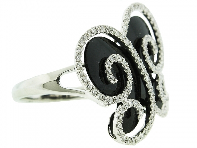 0.62ct Butterfly Shape Black Onyx & Pave Diamond 18k White Gold Cocktail Ring