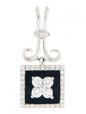 0.24ct Center Flower Shape Diamond White Gold & Black Onyx Square Shape Pendant