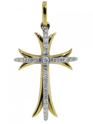 Yellow & White 18k Gold Diamond Fleury Cross Pendant