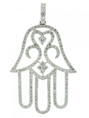 1.23ct Pave Diamond Curvy Heart Shape 18k White Gold  Hamsa Hand Pendant