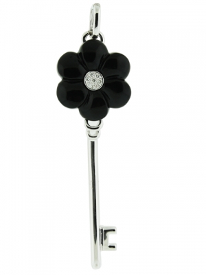 18k White Gold Center Diamond & Black Onyx Flower Shape Top Key Pendant
