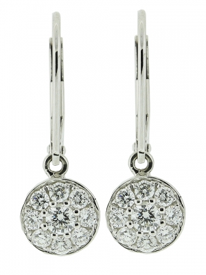 18k Solid White Gold & 0.59ct Diamond Circle Shape Flower Design Dangle Lever Back Earring