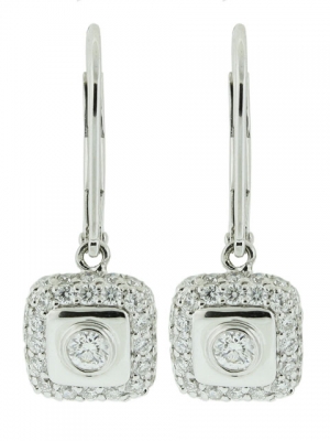 0.73ct Center Diamond Square Shape Dangle 18k White Gold Leverback Earring