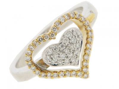 Pave Diamond 18k Two Tone Gold Double Heart Ring