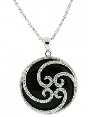 18k Solid White Gold & 14.50ct Black Onyx Circle Shape Pave Diamond Pendant Necklace