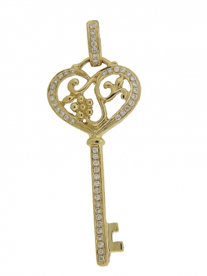 Pave Diamond 18k Yellow Gold Heart Key Pendant