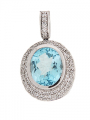 Pave Diamond & Oval Blue Topaz 18k White Gold Circle Pendant