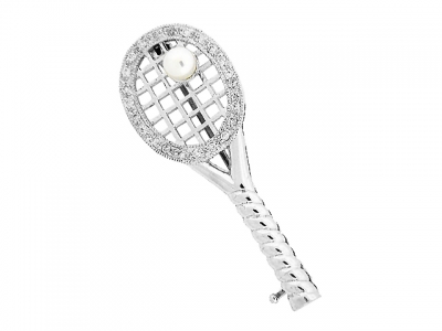 Round Diamond & Pearl 18k Gold Tennis Racket Brooch
