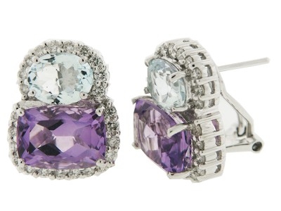 13.1ct Amethyst & Sky Blue Topaz Diamond 18k Gold French clip Earrings