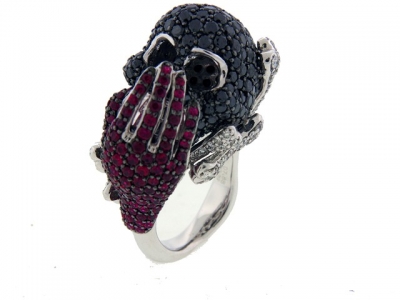 10.0 ct Black & White Diamond Pink Sapphire 18k Skull Ring