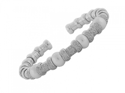1.43 ct Pave Diamond & Pearl 18k White Gold Bangle Bracelet