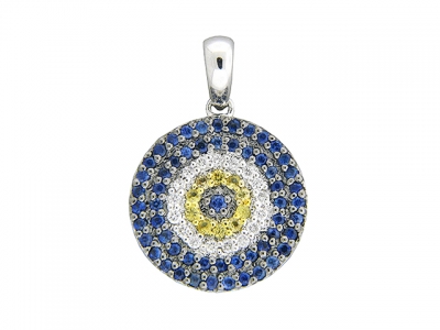 Diamond Blue Yellow Sapphire Round Evil Eye 18k Yellow Gold Pendant