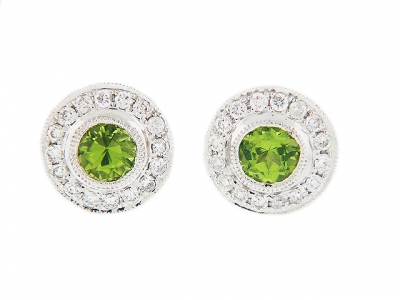 Circle Peridot Diamond 18k White Gold Stud Earrings