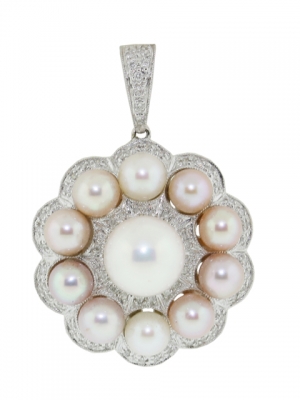 18k White Gold Multi Pearl & Diamond Flower Shape Pendant