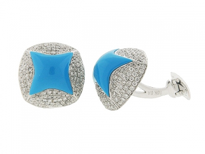 2.25 ct Round Diamond Turquoise 18k White Gold Cufflinks